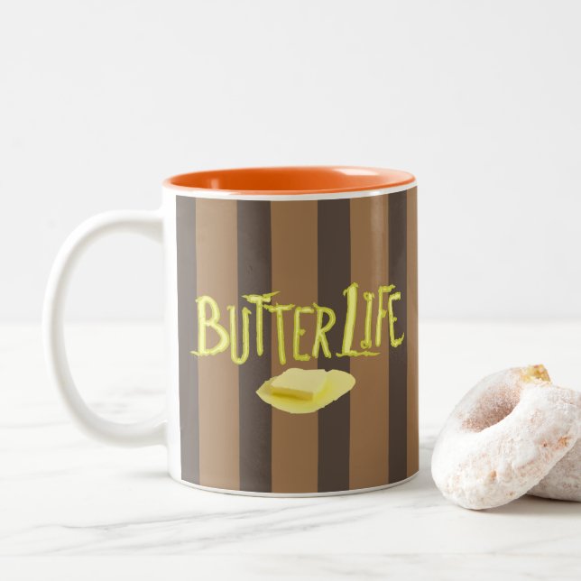 Caneca De Café Em Dois Tons Manteiga Vida Marrom Stripes BG (Com Donut)