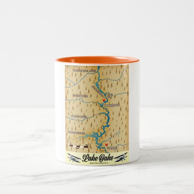 Caneca De Café Em Dois Tons Mapa do Lago Oahe Dakota do Sul (Centro)