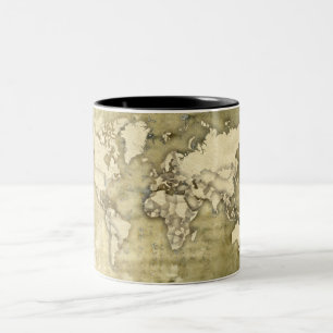 Caneca De Café Em Dois Tons Mapa do mundo de papel gasto