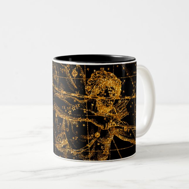Caneca De Café Em Dois Tons Mapa Estelar Celestial Astrológico Dourado Sagitár (Frente Esquerda)