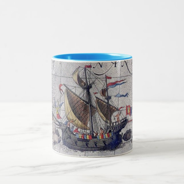 Caneca De Café Em Dois Tons Mapa Mundial de Alto Navio do Pacífico (Centro)