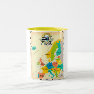 Caneca De Café Em Dois Tons Mapa Retro da Europa.