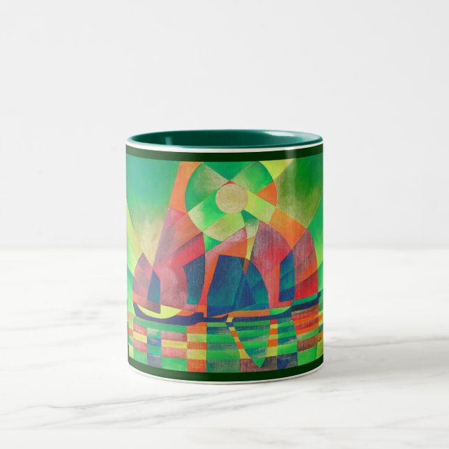 Caneca De Café Em Dois Tons Mar de Verde com Lixo Abstrato Cubista (Centro)