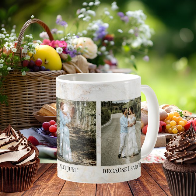 Caneca De Café Em Dois Tons Marble Wedding 3 Photo Mug (Stylish wedding photo mug featuring your own photos framed by an elegant marble design)