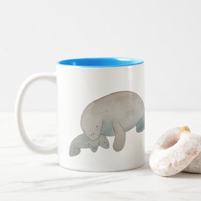Caneca De Café Em Dois Tons Marine Mammal Watercolor Mãe Bebê Manatee (Com Donut)