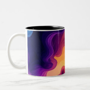 Caneca De Café Em Dois Tons Marinho abstrato, Arte de Aquarela Roxa e Amarela
