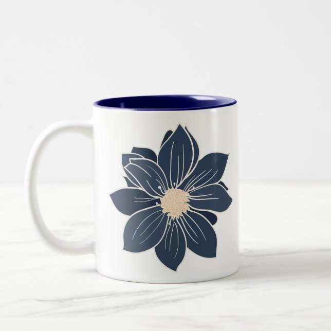 Caneca De Café Em Dois Tons Marinho Azul Flor Dahlia (Esquerda)