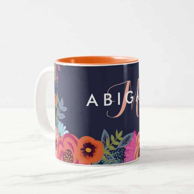 Caneca De Café Em Dois Tons Marinho Boho Flowers Nome & Monograma (Frente Esquerda)