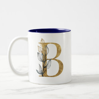 Caneca De Café Em Dois Tons Marinho Floral Dourado Azul Deixa Monograma Person