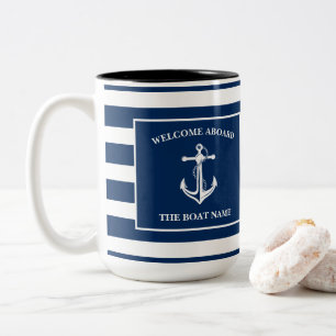 Caneca De Café Em Dois Tons Marinho Náutico Azul, Boas-vindas a bordo Anchor d