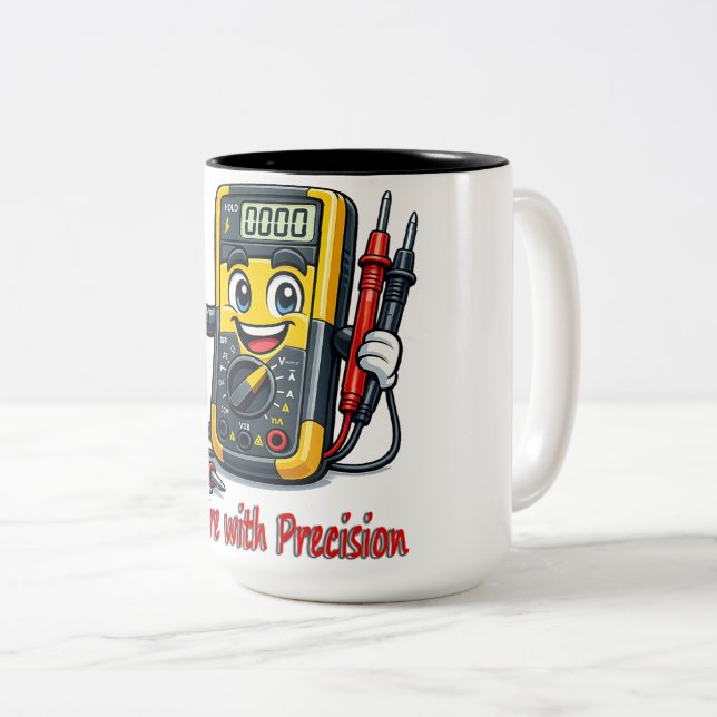 Caneca De Café Em Dois Tons Mascote de desenho animado de multímetro mede com  (Frente Esquerda)