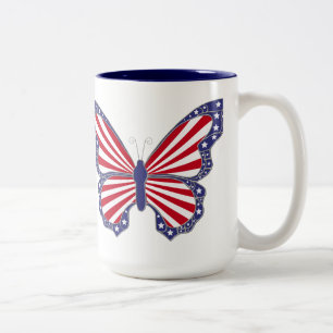 Caneca De Café Em Dois Tons Mata De Borboleta Azul E Branco Patriótico