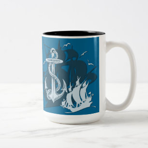 Caneca De Café Em Dois Tons Mata de Silhueta Branca de Navio Pirata e Âncora