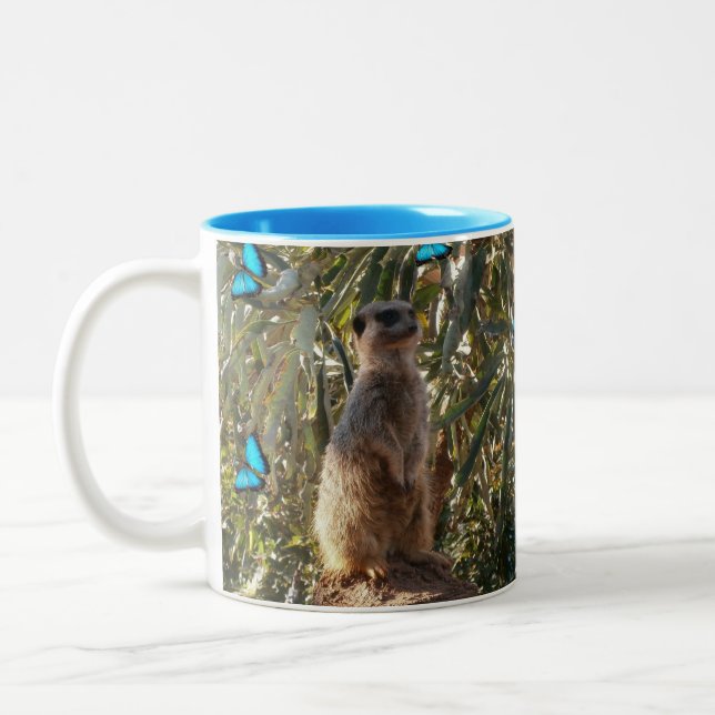 Caneca De Café Em Dois Tons Meerkat E Borboletas Azuis, (Esquerda)