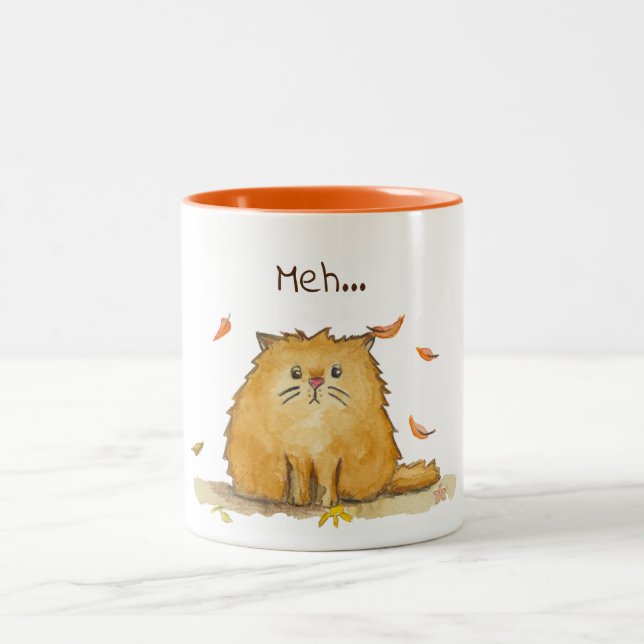 Caneca De Café Em Dois Tons Meh…/gato triste da aguarela com folhas de outono (Centro)