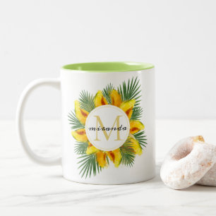 Caneca De Café Em Dois Tons Melão de Cores Aquáticas Folhas Tropicais Monogr