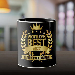 Caneca De Café Em Dois Tons Melhor Chefe do Mundo Preto e Dourado 5 Estrelas