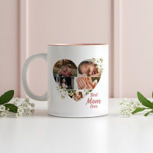 Caneca De Café Em Dois Tons Melhor Colagem de Fotos do Coração Floral Elegante