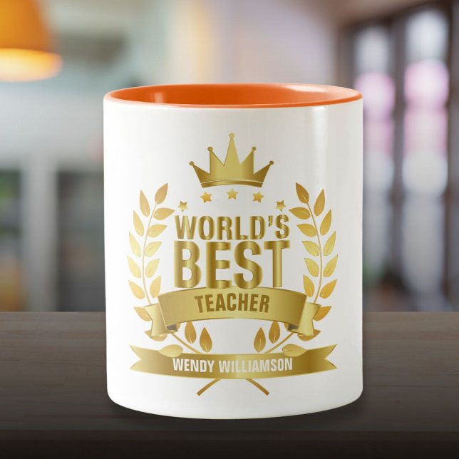 Caneca De Café Em Dois Tons Melhor Professor do Mundo Diversão Ouro (World's Best Teacher Fun Gold Two-Tone Coffee Mug)