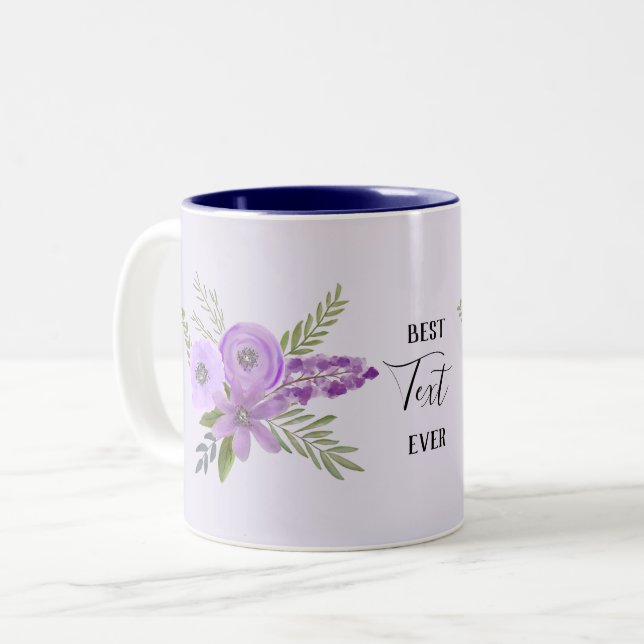 Caneca De Café Em Dois Tons Melhor "Seu Texto" - Lavanda Violeta Floral (Frente Esquerda)