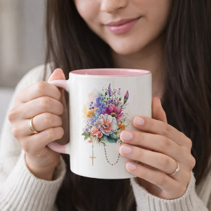 Caneca De Café Em Dois Tons Memória de Buquê Floral Católica Oração Rosária