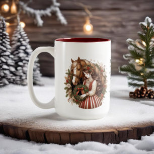 Caneca De Café Em Dois Tons Menina Com Cavalo E Coroa De Natal