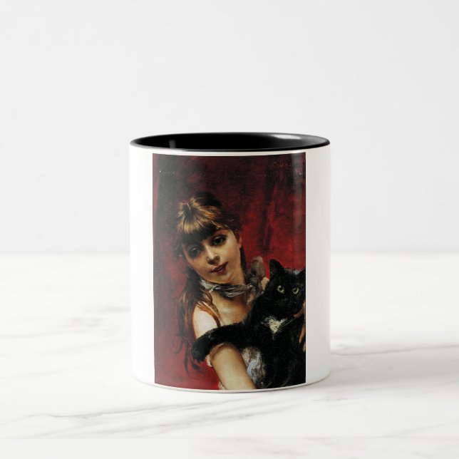 Caneca De Café Em Dois Tons Menina com um Gato Preto nos Braços (Centro)