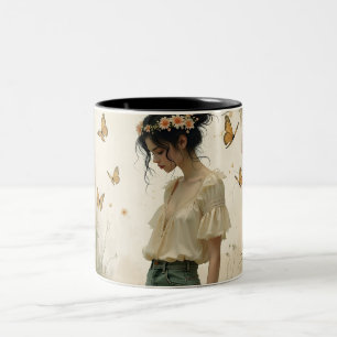 Caneca De Café Em Dois Tons Menina Etérea com Borboletas na Natureza