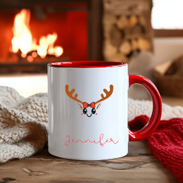 Caneca De Café Em Dois Tons Menina Kawaii Rosto de Rena Nome Personalizado Nat