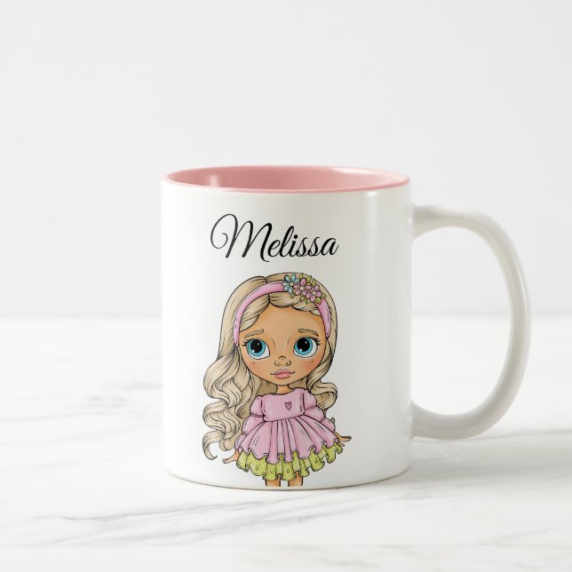 Caneca De Café Em Dois Tons Menina Loira Aquarela Qualquer Nome (Direita)