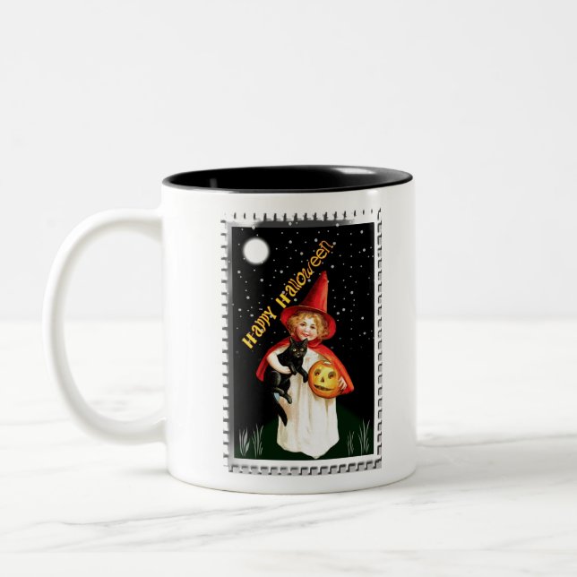 Caneca De Café Em Dois Tons Menina Nostálgica, Jack-o’-lantern e Gato (Esquerda)