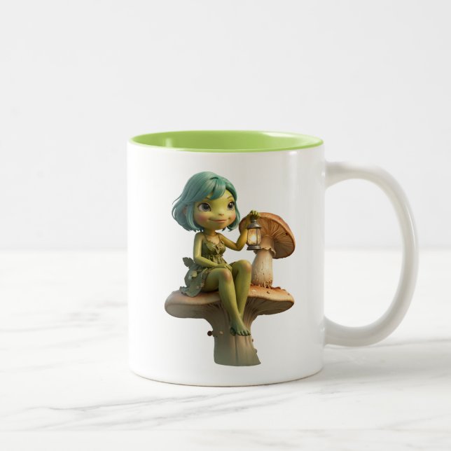 Caneca De Café Em Dois Tons Menina Sapo Fofa com Lanterna no Cogumelo (Direita)