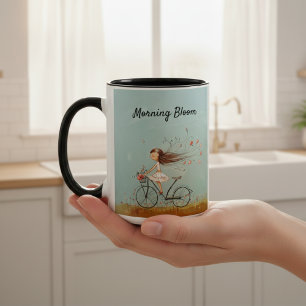 Caneca De Café Em Dois Tons Menina Vintage em Bicicleta Floral Personalizada