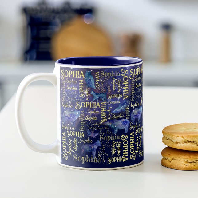 Caneca De Café Em Dois Tons Meninas personalizadas nomeiam colagem de animais  (Personalized girls name celestial animals collage Two-Tone coffee mug)