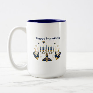 Caneca De Café Em Dois Tons Menorá Horizontal com Desenho de Dreidels