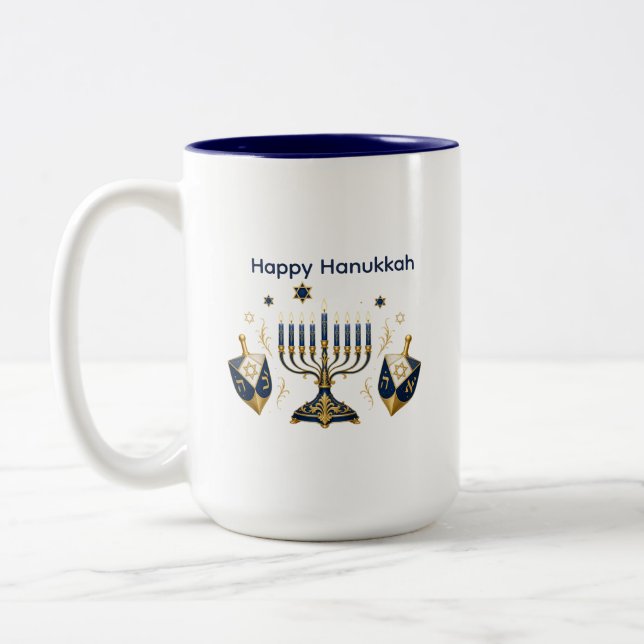 Caneca De Café Em Dois Tons Menorá Horizontal com Desenho de Dreidels (Esquerda)