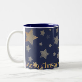 Caneca De Café Em Dois Tons Merry Christmas Blue Gold.Stars Elegant Vintage