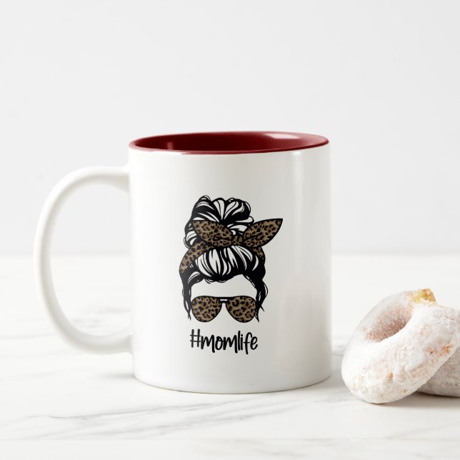 Caneca De Café Em Dois Tons Messy Bun #momlife Leopard (Com Donut)