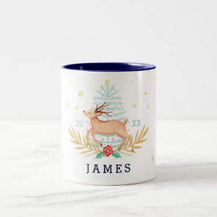 Caneca De Café Em Dois Tons Midnight Woodland Forest Reindeer e Árvore de Nata