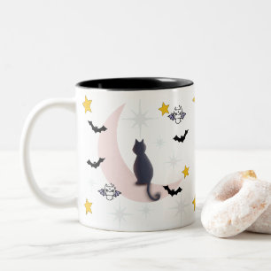 Caneca De Café Em Dois Tons Mikitiez Black cat bat halloween outono lua de inv