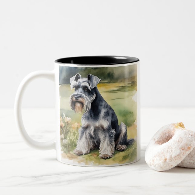 Caneca De Café Em Dois Tons Miniatura Schnauzer no jardim - Aquarela (Com Donut)