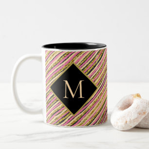 Caneca De Café Em Dois Tons Minograma Dourado com faixa de luz moderna preto