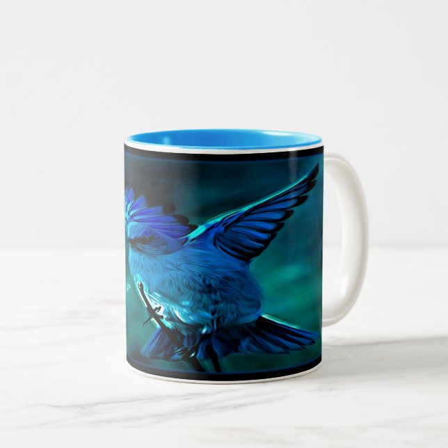Caneca De Café Em Dois Tons Modelos de aves: Mountain Bluebird 01-01 (Frente Esquerda)