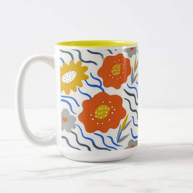 Caneca De Café Em Dois Tons Modern Abstract Flowers Vibrant Wavy (Esquerda)