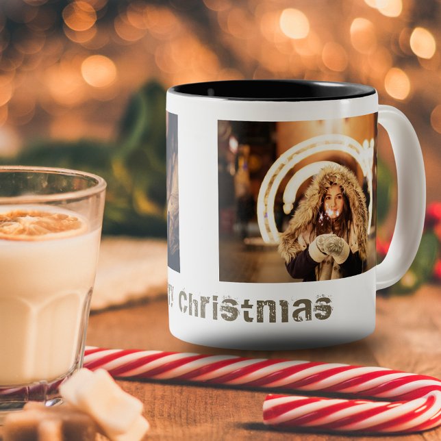 Caneca De Café Em Dois Tons Modern Merry Christmas 2 Photo Collage Holiday (Criador carregado)