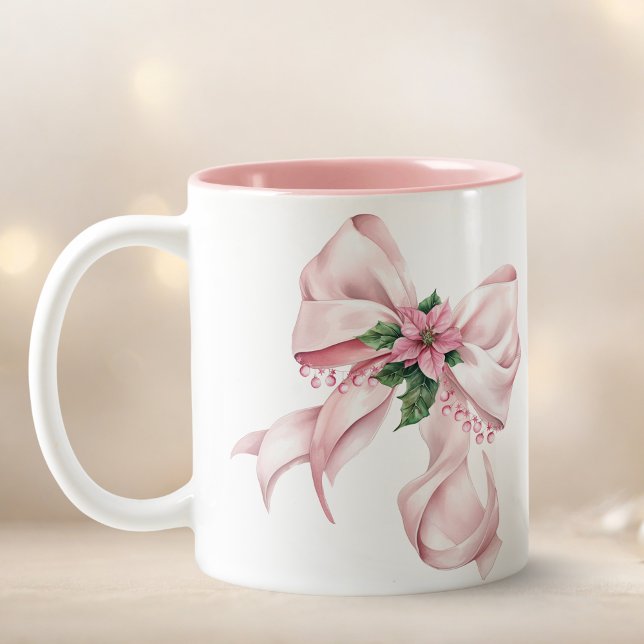 Caneca De Café Em Dois Tons Modern Pink Bow poinsettia Christmas Name (Pink Bow Floral Christmas Name Mug)