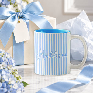 Caneca De Café Em Dois Tons Moderno Nome Personalizado Estético Azul Listrado