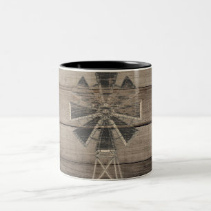 Caneca De Café Em Dois Tons Moinho de Vento Rústico de Madeira Intemperizada