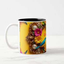 Caneca De Café Em Dois Tons Moldura Floral Colorida com Aves Vibrantes