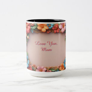 Caneca De Café Em Dois Tons Moldura Floral Com Flores Coloridas